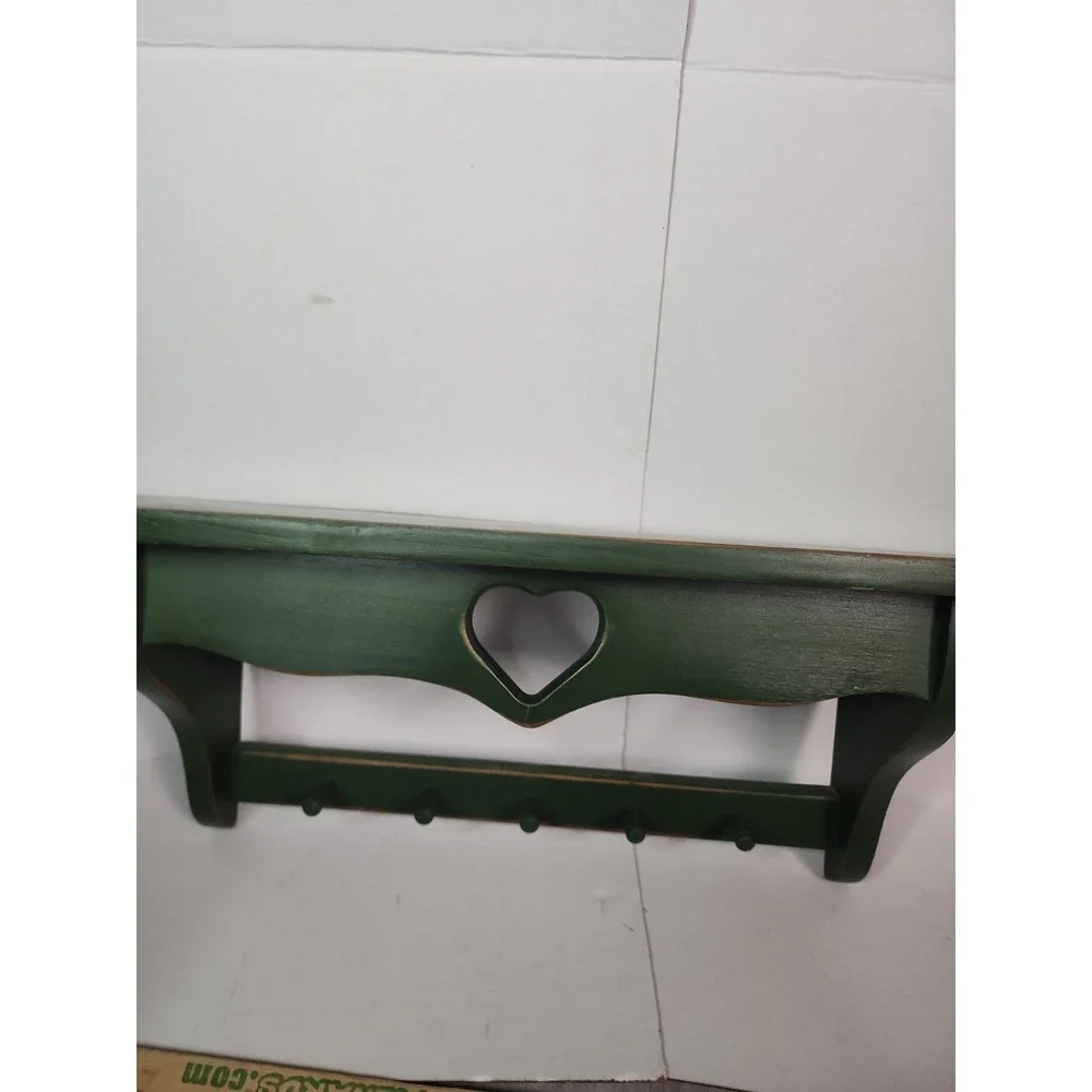 Vintage Green Wood Heart Shelf Five Hooks Cottage Country Distressed 23